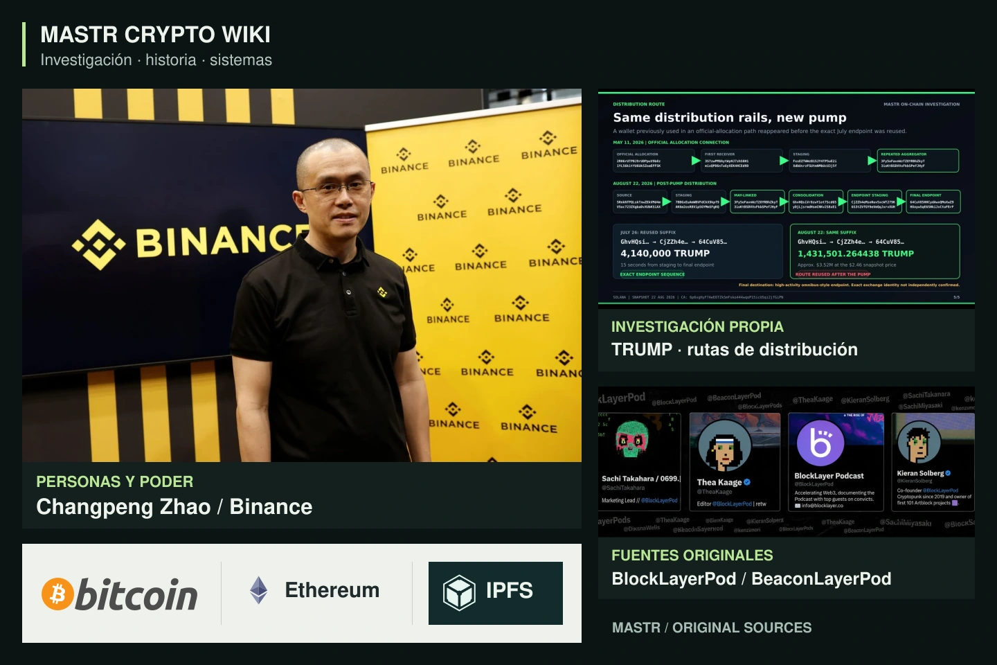 Composición editorial: Changpeng Zhao en Binance, análisis original de flujos TRUMP, perfiles de podcasts y logos oficiales de Bitcoin, Ethereum e IPFS.