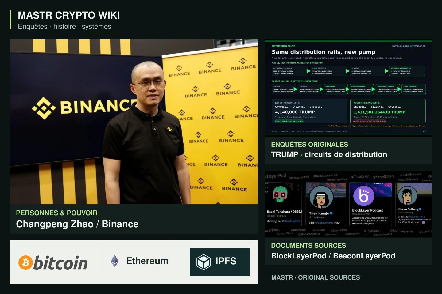 Composition éditoriale : Changpeng Zhao chez Binance, analyse originale des flux TRUMP, profils de podcasts et logos officiels de Bitcoin, Ethereum et IPFS.