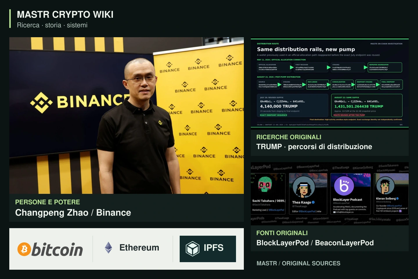 Composizione editoriale: Changpeng Zhao presso Binance, analisi originale dei flussi TRUMP, profili di podcast e loghi ufficiali di Bitcoin, Ethereum e IPFS.